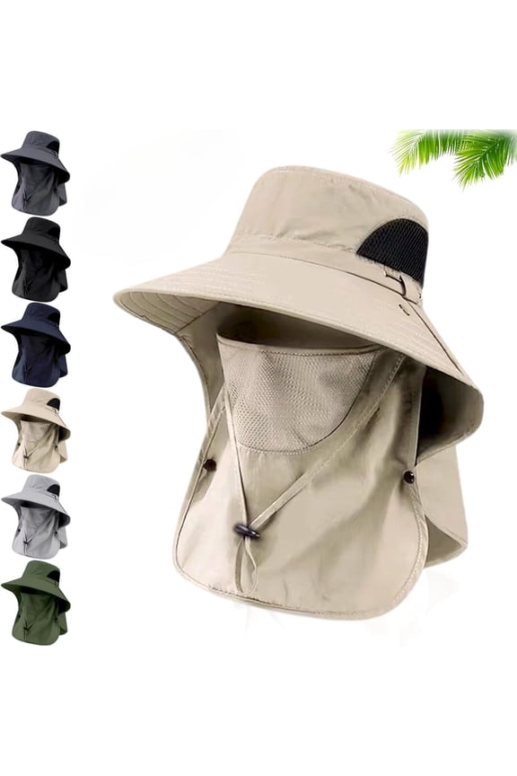 Men's Sun Protection Hat with Detachable Face Mask Cover and Neck Flap, UPF 50+ Wide Brim Fisherman Hat, Waterproof Lightweight Breathable Mesh Hiking Fishing Cap with Adjustable Chin Strap