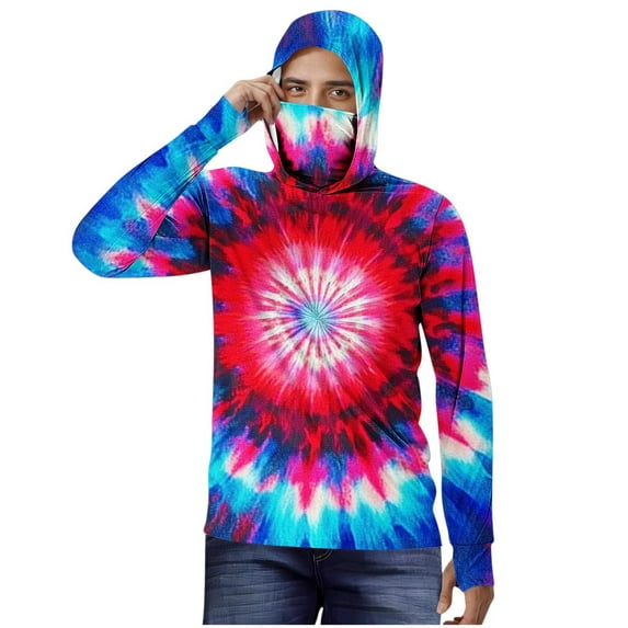 Men's Sun Protection Hoodie Shirt UPF 50+ Long Sleeve UV SPF Fishing Tie Dye Print Shirts with Mask Rash Guard