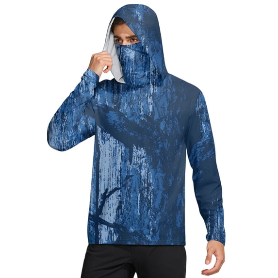 Men's Sun Protection Hoodie UV Spf Upf 50+ Rash Guard Shirt Long Sleeve Outdoor Hiking Swim Fishing Cooling Shirts with Face Cover,Blue XL