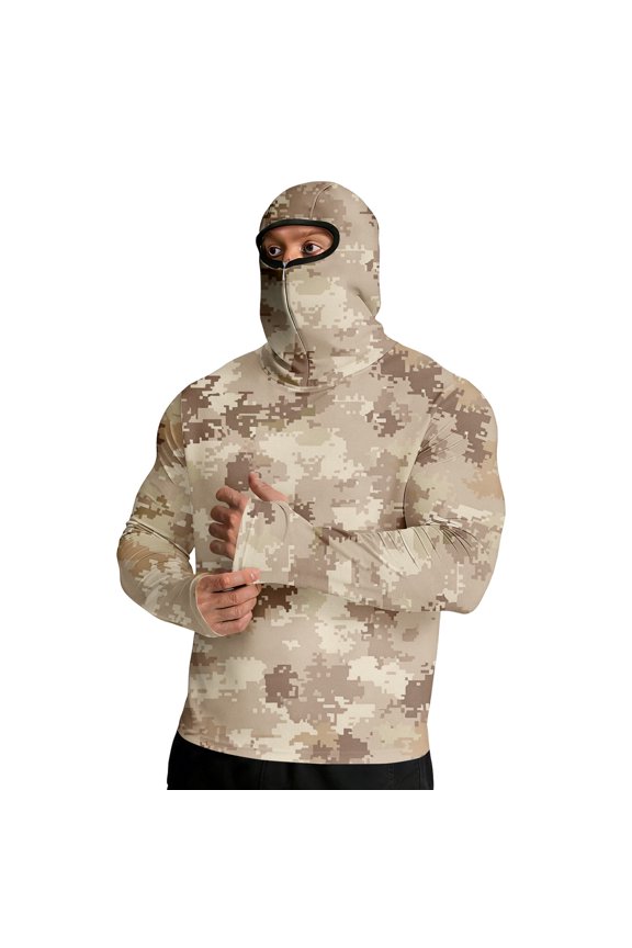 Men's Sun Protection Hoodie with Mask UPF 50+ UV Long Sleeve Shirt Men Rash Guard Performance Fishing Hiking Shirt Beige M