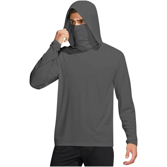 Men's Sun Protection Long Sleeve Hoodie Summer Lightweight Hooded T-Shirts Casual Solid Color Shirts with Face Mask for Fishing Hiking Running