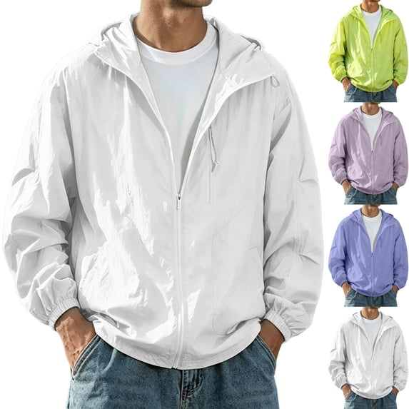 Men's Sun Protection Windbreaker Lightweight Jacket Hooded Full Zip Athletic Shell for Hiking Travel with Chest Zip Pockets Activewear, White, 3XL