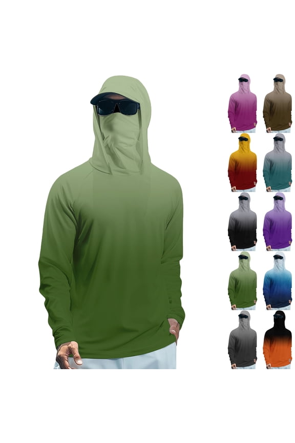 Men's Sun Shirt Long Sleeve Gradient Color Shirts Cooling Fishing Hoodies with Mask Casual Summer UV SPF Hiking Blouses with Neck Gaiter Outdoor Performance Activewear Mens Tops Green XXL