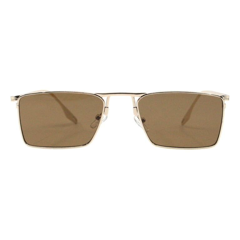 Men s Sunglasses Rectangular Thin Metal Frame Lightweight UV400 Gold Brown