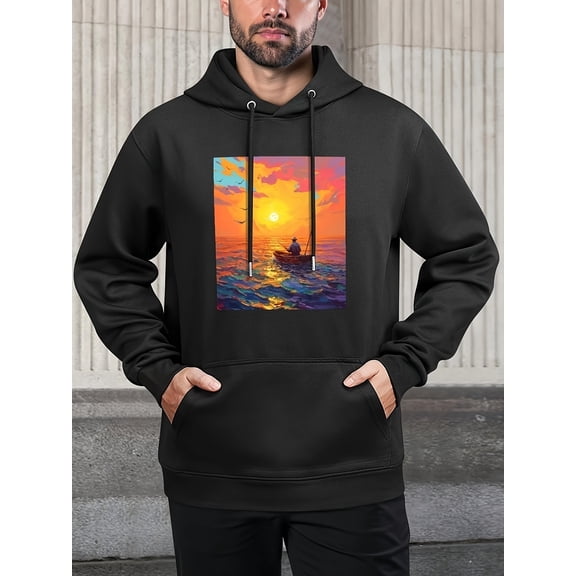 Men's Sunset Sea Fishing Graphic Hoodie - Casual Pullover with Kangaroo Pocket, Cotton Blend, Perfect for Fall & Winter
