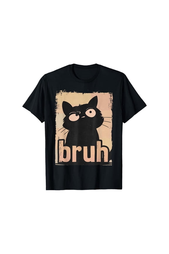 Men's Super Funny "Bruh" Black Cat Graphic Tees, Retro - Style Print T - shirts, Comfortable Short Sleeve Casual Daily Tops Shirts
