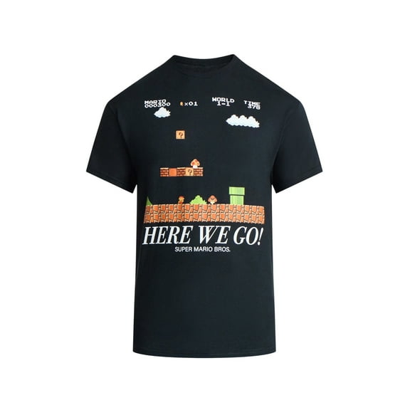 Men's Super Mario Bros Here We Go Black Graphic T-Shirt - Small