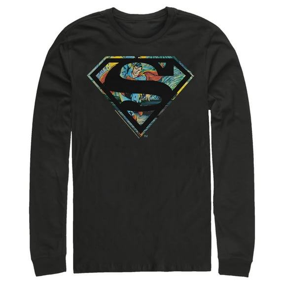 Men's Superman Action Panel Shield Logo  Long Sleeve Shirt Black Medium