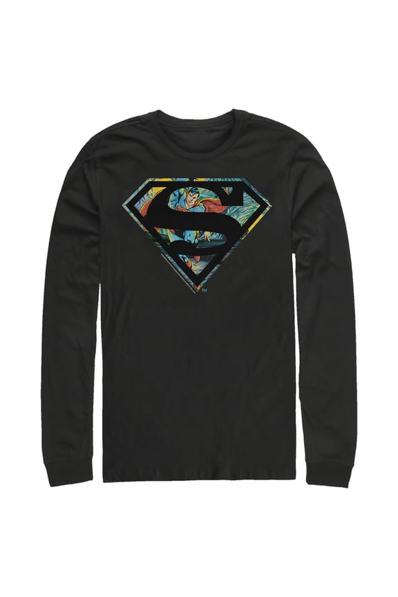 Men's Superman Action Panel Shield Logo Long Sleeve Shirt Black X Large
