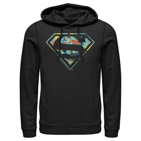 Men's Superman Action Panel Shield Logo Pull Over Hoodie Black X Large