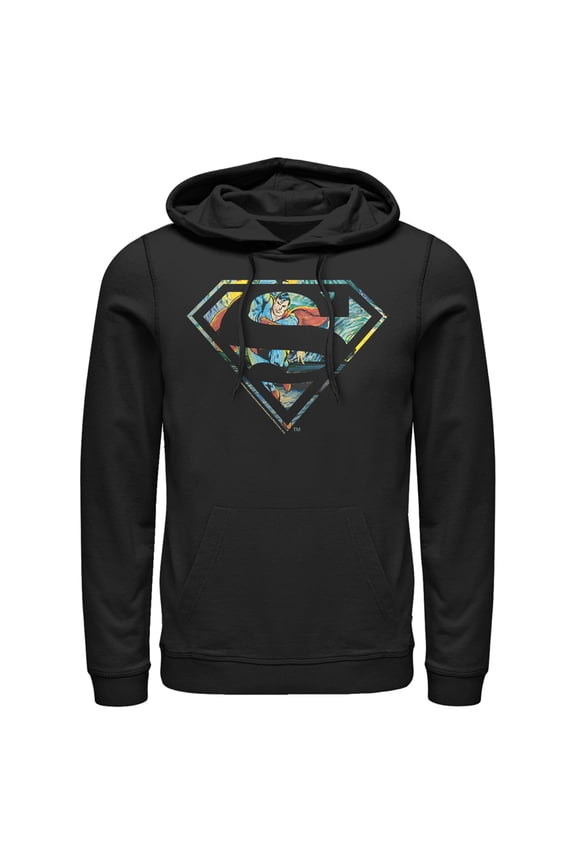 Men's Superman Action Panel Shield Logo Pull Over Hoodie Black X Large