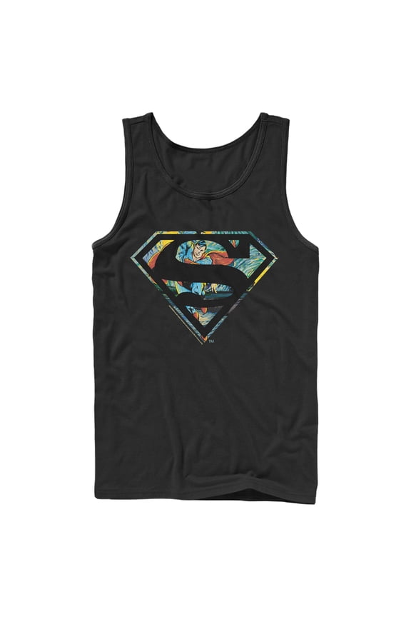 Men's Superman Action Panel Shield Logo Tank Top Black Small
