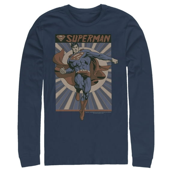 Men's Superman Classic Hero Pose Long Sleeve Shirt Navy Blue Medium