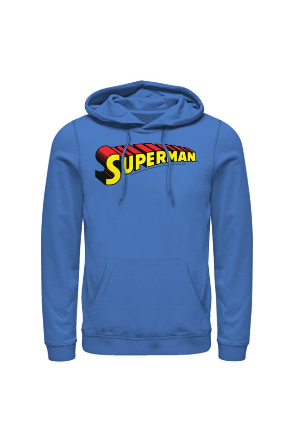 Men's Superman Classic Text Logo Pull Over Hoodie Royal Blue 2X Large