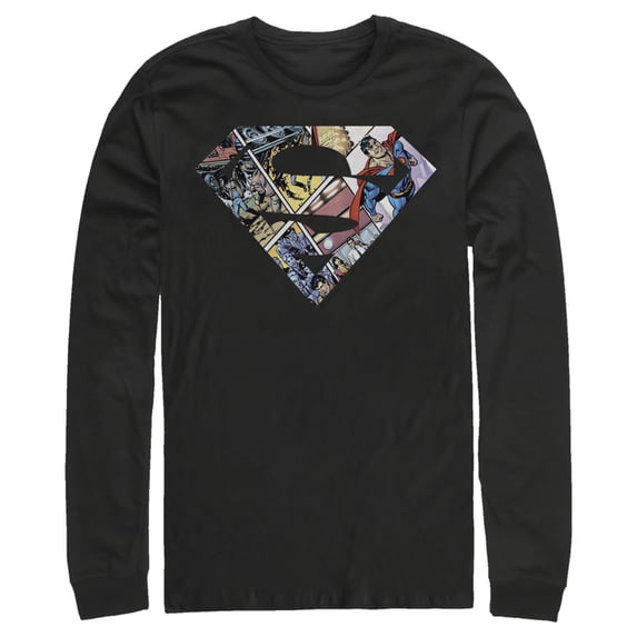 Men's Superman Comic Panel Shield Logo Long Sleeve Shirt Black Large