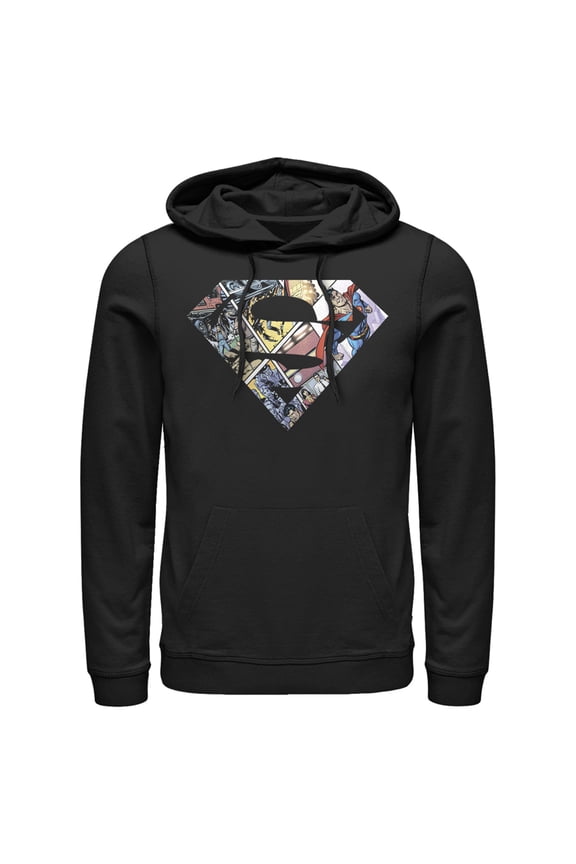 Men's Superman Comic Panel Shield Logo Pull Over Hoodie Black 2X Large