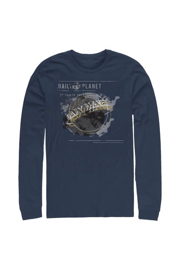 Men's Superman Daily Planet Blur Logo  Long Sleeve Shirt Navy Blue 2X Large