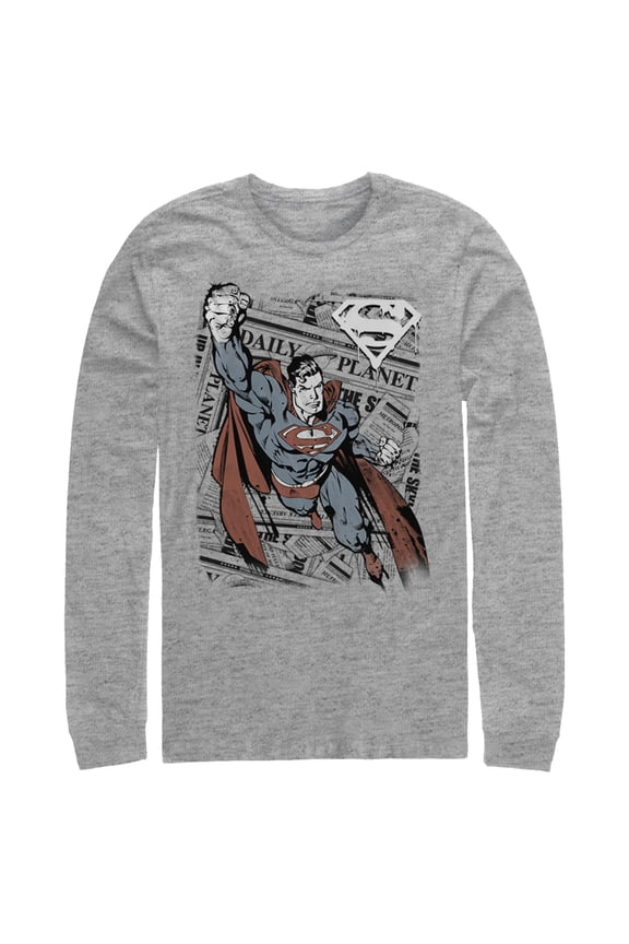 Men's Superman Daily Planet Newspaper Long Sleeve Shirt Athletic Heather Large