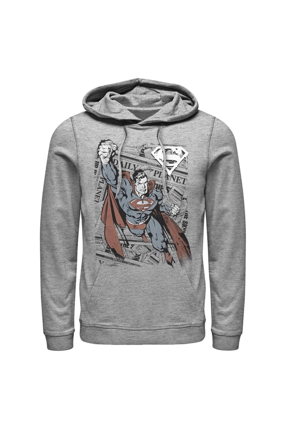 Men's Superman Daily Planet Newspaper Pull Over Hoodie Athletic Heather 3X Large