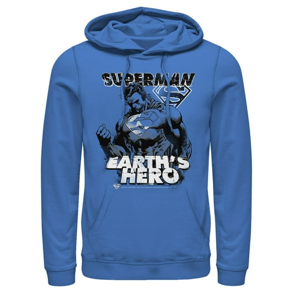 Men's Superman Grunge Earth's Hero  Pull Over Hoodie Royal Blue Small
