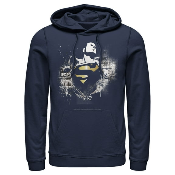 Men's Superman Hero Graffiti Print  Pull Over Hoodie Navy Blue 2X Large