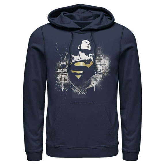 Men's Superman Hero Graffiti Print Pull Over Hoodie Navy Blue 2X Large