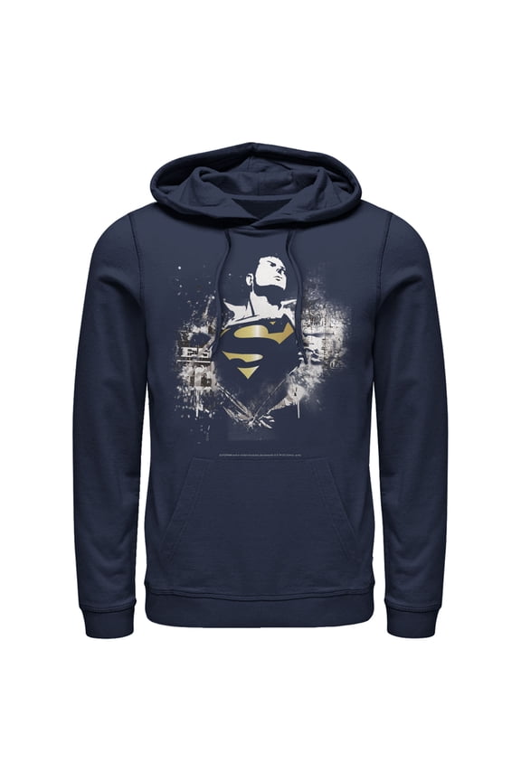 Men's Superman Hero Graffiti Print  Pull Over Hoodie Navy Blue Medium