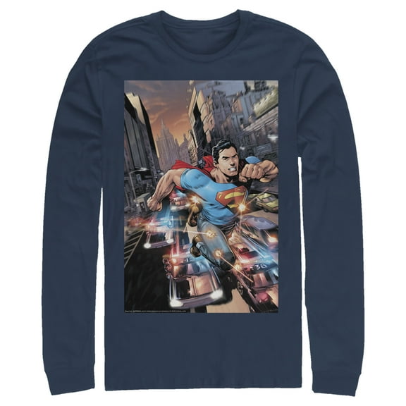 Men's Superman Hidden Hero Glimmer  Long Sleeve Shirt Navy Blue 2X Large