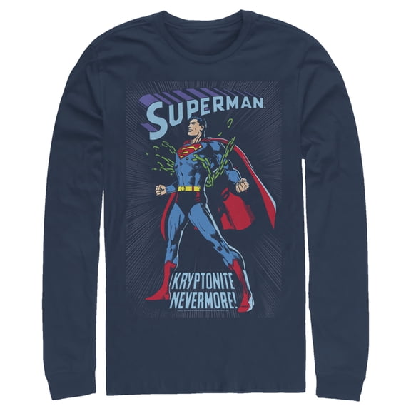 Men's Superman Kryptonite Nevermore Cover  Long Sleeve Shirt Navy Blue Small