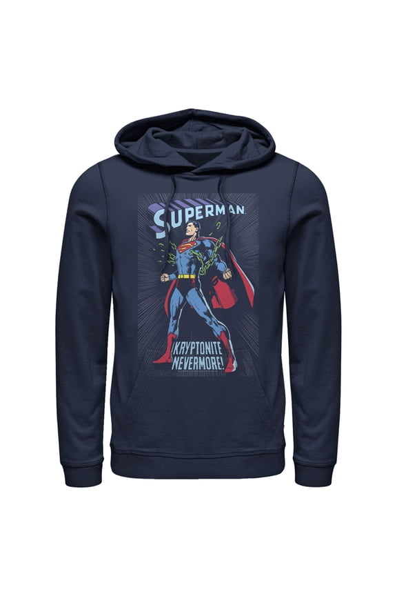 Men's Superman Kryptonite Nevermore Cover Pull Over Hoodie Navy Blue Medium