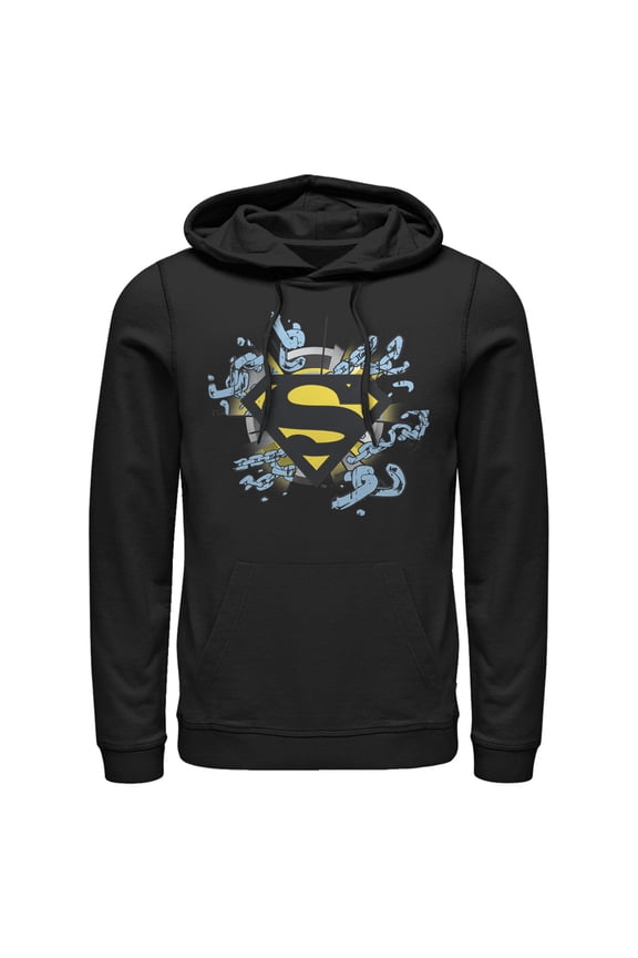 Men's Superman Logo Broken Chain Pull Over Hoodie Black Large