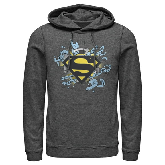 Men's Superman Logo Broken Chain  Pull Over Hoodie Charcoal Heather Large