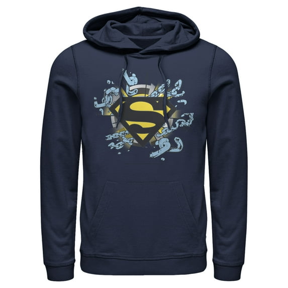 Men's Superman Logo Broken Chain Pull Over Hoodie Navy Blue X Large
