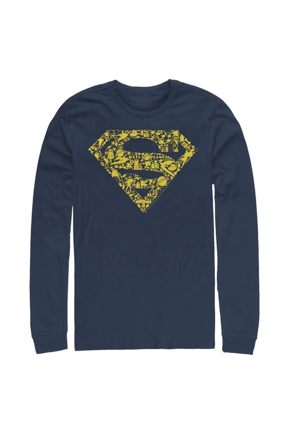 Men's Superman Logo Icon Collage  Long Sleeve Shirt Navy Blue 2X Large