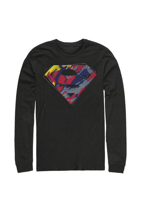 Men's Superman Logo Paint Splatter  Long Sleeve Shirt Black Large