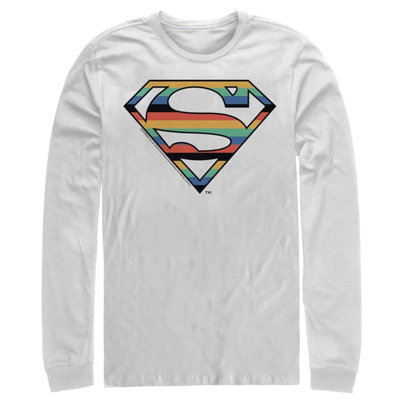 Men's Superman Logo Retro Stripe  Long Sleeve Shirt White Large