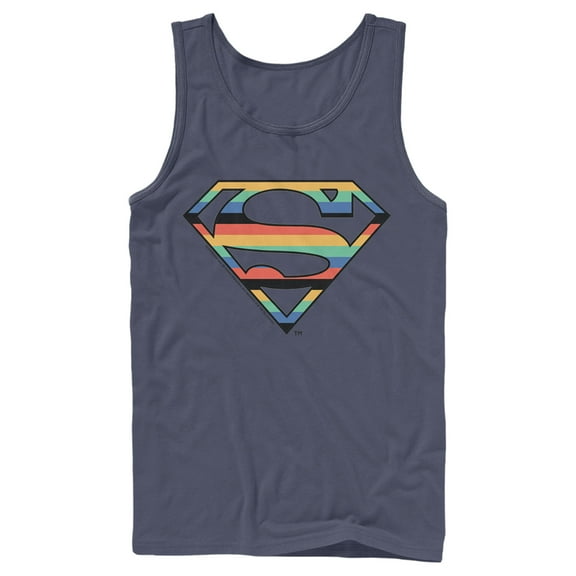 Men's Superman Logo Retro Stripe Tank Top Navy Blue X Large
