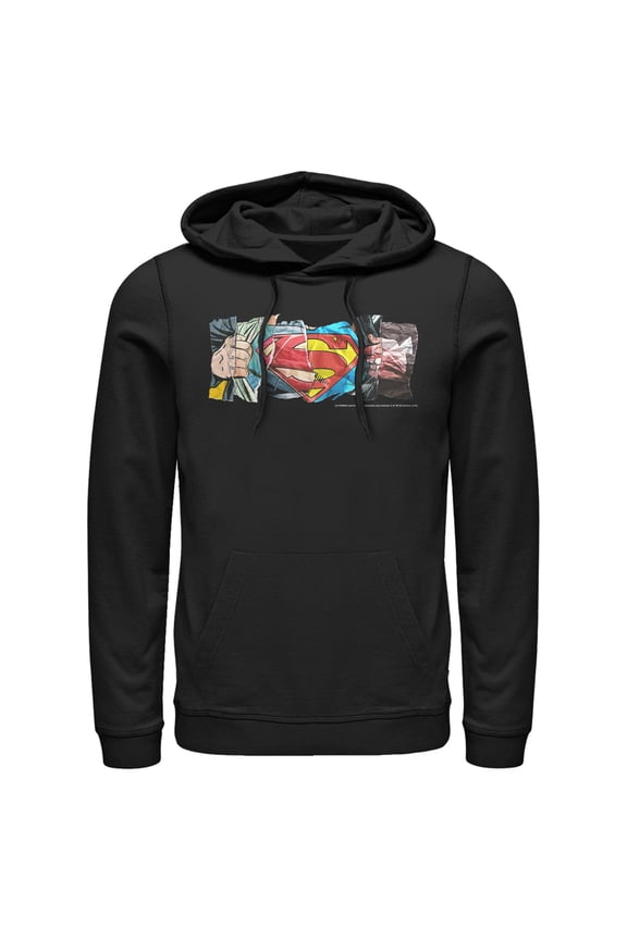 Men's Superman Logo Ripped Paper Pull Over Hoodie Black Large