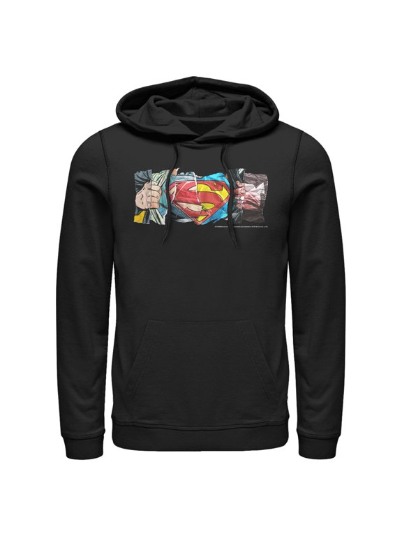 Men's Superman Logo Ripped Paper Pull Over Hoodie Black Small
