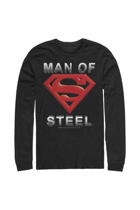 Men's Superman Man of Steel Beveled Logo Long Sleeve Shirt Black Medium
