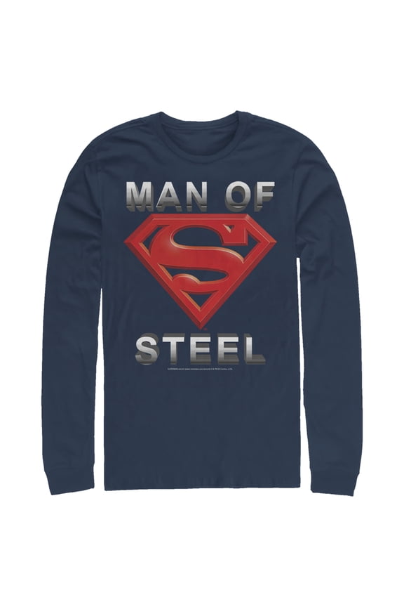 Men's Superman Man of Steel Beveled Logo  Long Sleeve Shirt Navy Blue Small