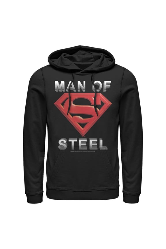 Men's Superman Man of Steel Beveled Logo Pull Over Hoodie Black X Large