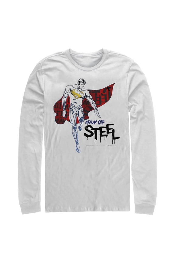 Men's Superman Man of Steel Paint Drip  Long Sleeve Shirt White Large