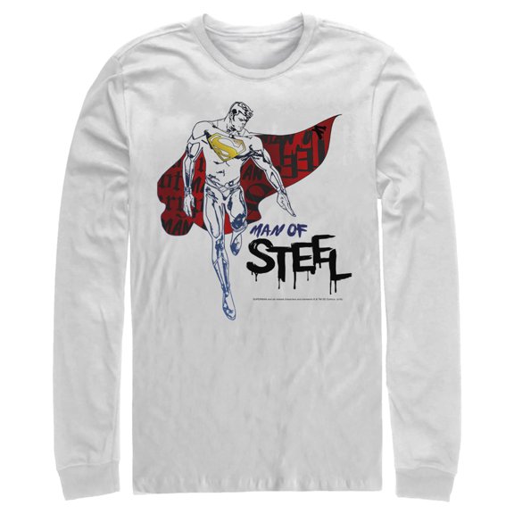 Men's Superman Man of Steel Paint Drip  Long Sleeve Shirt White Medium