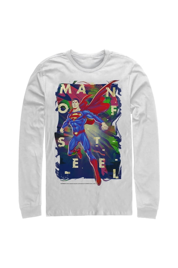 Men's Superman Man of Steel Rainbow  Long Sleeve Shirt White Large