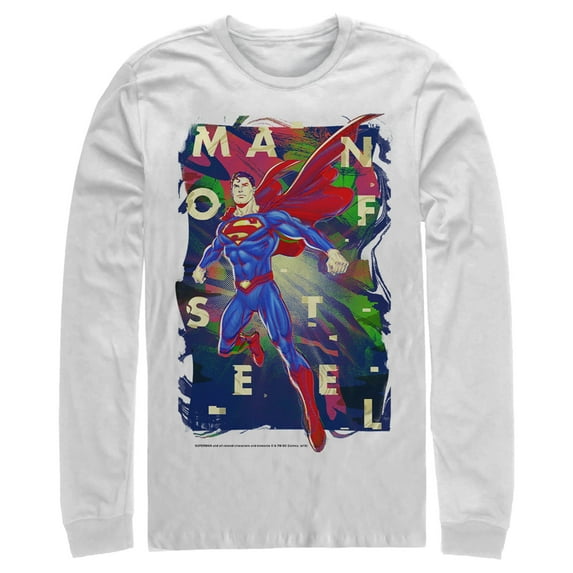 Men's Superman Man of Steel Rainbow Long Sleeve Shirt White Small