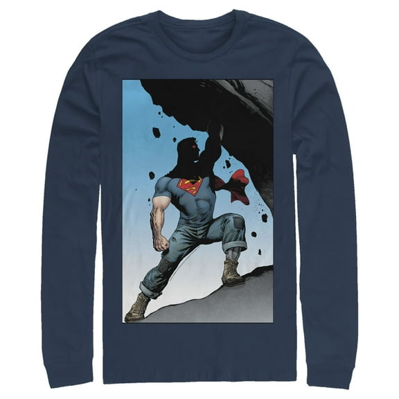 Men's Superman Strongest Hero Pose Long Sleeve Shirt Navy Blue Small