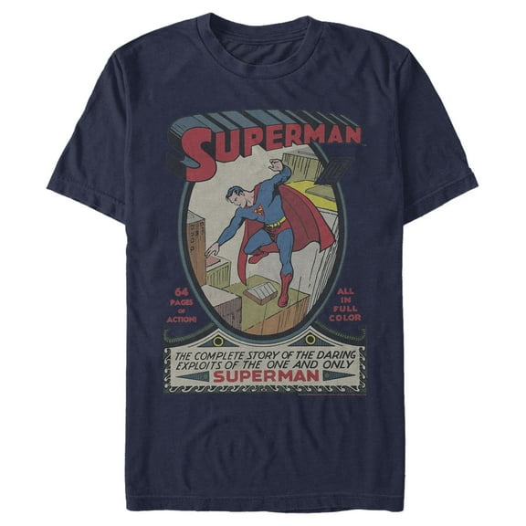 Men's Superman Vintage Daring Exploits Cover Graphic Tee Navy Blue 2X Large