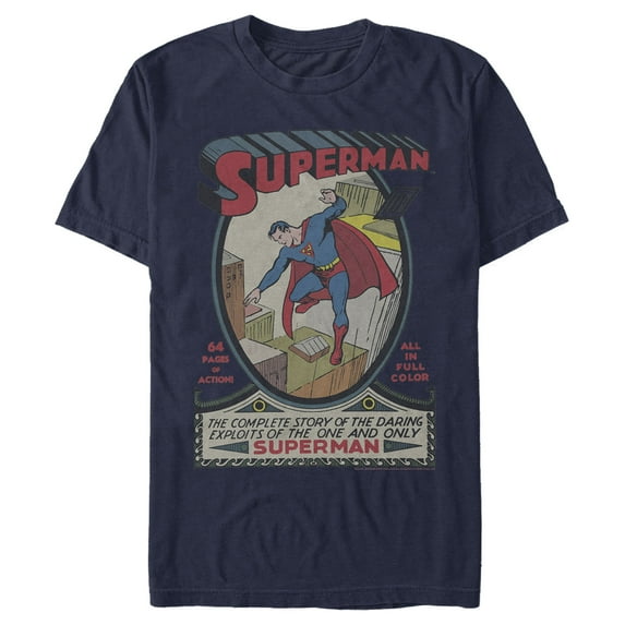 Men's Superman Vintage Daring Exploits Cover  Graphic Tee Navy Blue Large