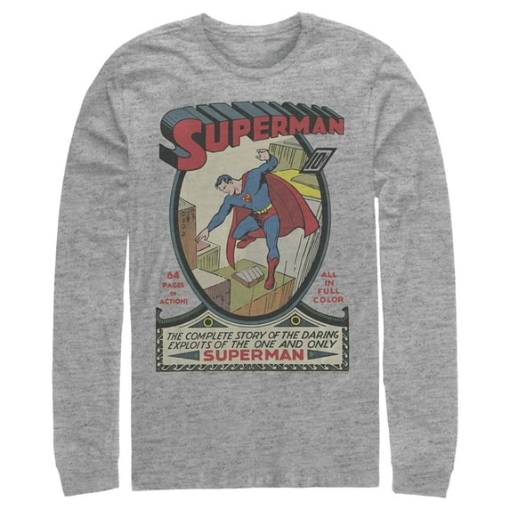 Men's Superman Vintage Daring Exploits Cover  Long Sleeve Shirt Athletic Heather 2X Large